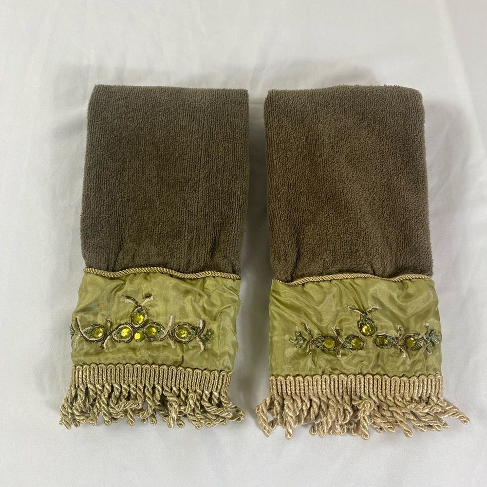 Embellished Brown & Olive Decorative Hand Towels - Luxury Accent Pair Jeweled